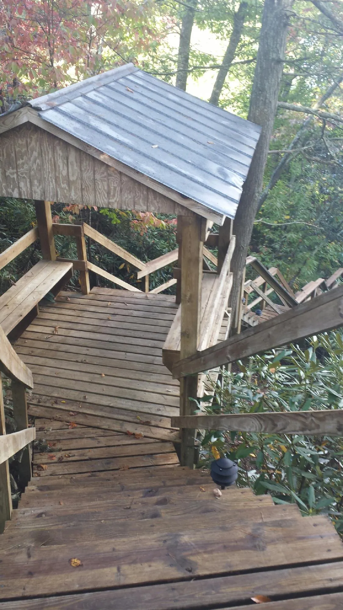 Metal roofed shelter over wooden steps on a wooded walkway — Skylight Repair & Installation work by our crew in Millbrae